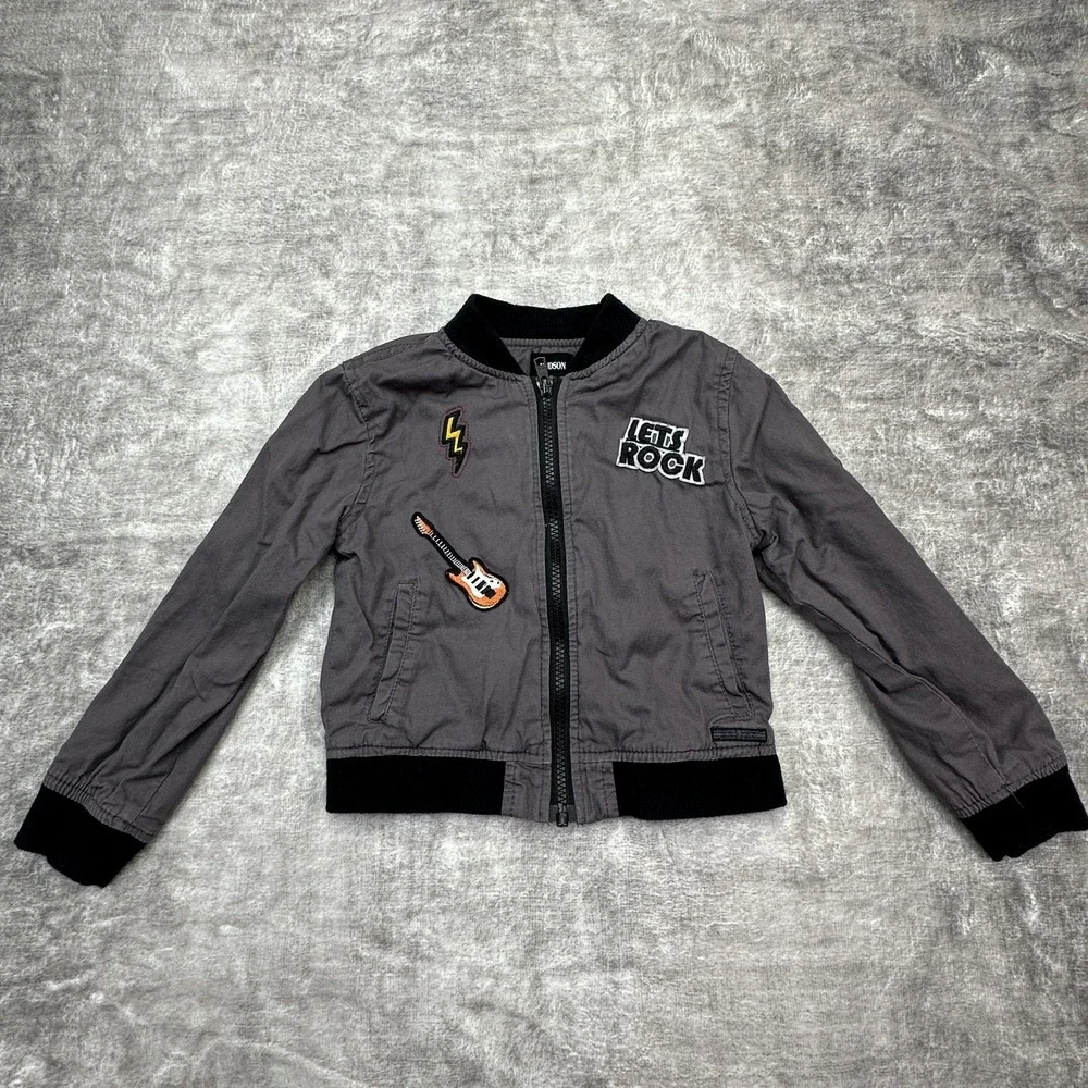 Hudson Jacket Boys 4T Gray Bomber Let's Rock Guitar Patch Lightning Youth